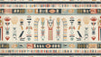 Egyptian hieroglyphics wallpaper creating an elegant atmosphere in a modern living room with neutral furniture