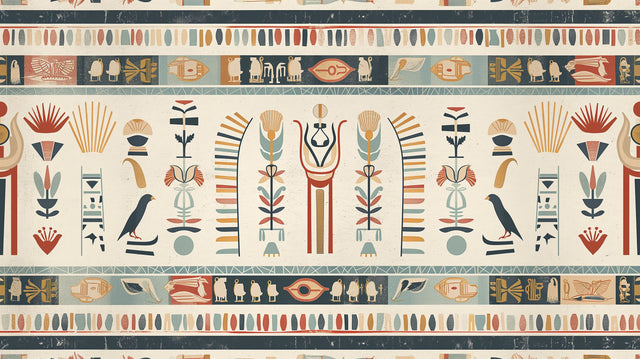 Egyptian hieroglyphics wallpaper creating an elegant atmosphere in a modern living room with neutral furniture
