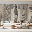 Egyptian hieroglyphs wallpaper creating an authentic ancient atmosphere in a modern living room with warm lighting