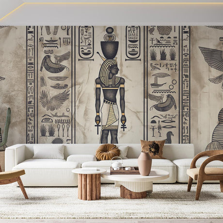 Egyptian hieroglyphs wallpaper creating an authentic ancient atmosphere in a modern living room with warm lighting