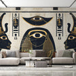 Egyptian hieroglyphs wall mural creating a striking focal point in a modern living room with black and gold accents