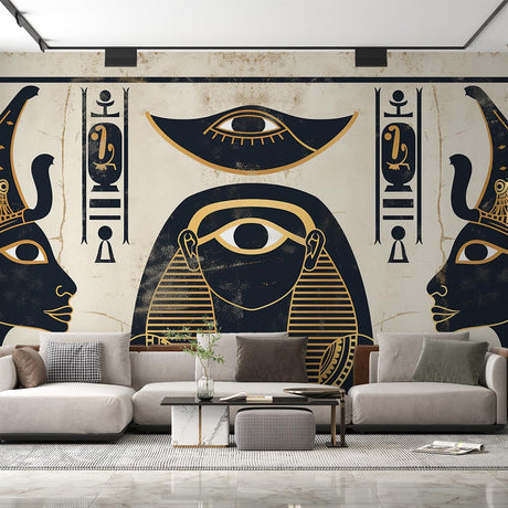 Egyptian hieroglyphs wall mural creating a striking focal point in a modern living room with black and gold accents
