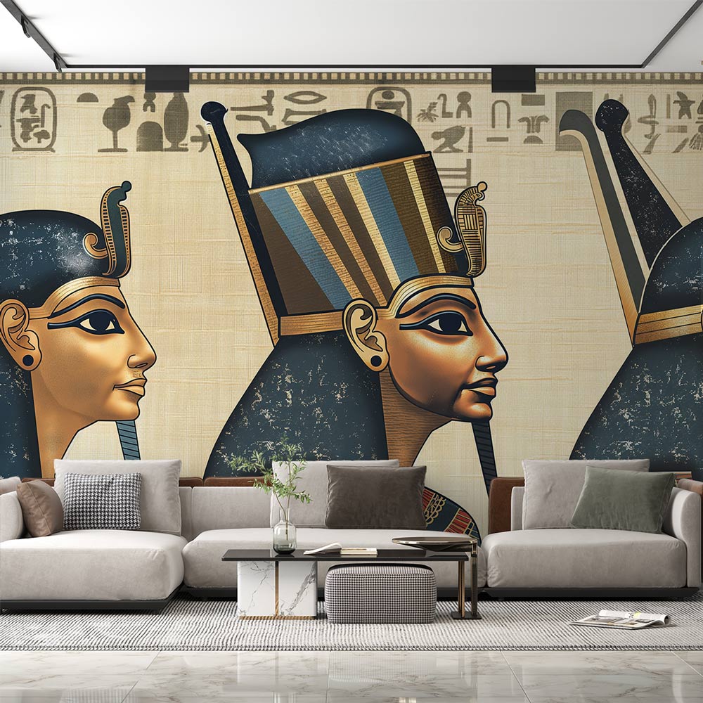 Egyptian pharaoh wall mural displayed in a modern dining room, gold and navy tones creating dramatic atmosphere