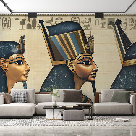 Egyptian pharaoh wall mural displayed in a modern dining room, gold and navy tones creating dramatic atmosphere
