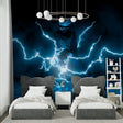 Electric storm wallpaper creating dramatic impact in modern gaming room with blue lightning effects
