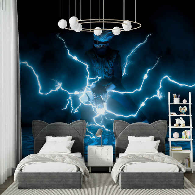 Electric storm wallpaper creating dramatic impact in modern gaming room with blue lightning effects