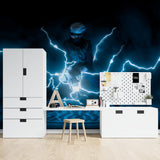 Electric blue lightning wallpaper making statement in contemporary living room