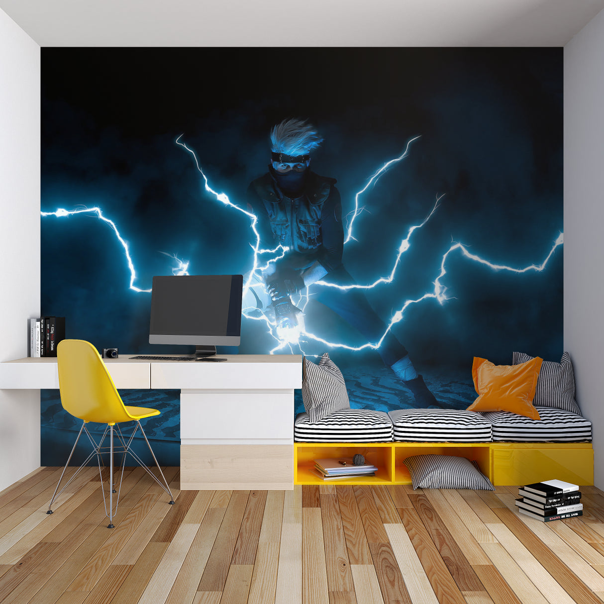 Storm wallpaper bringing energy to home office with dramatic lightning design