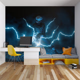 Storm wallpaper bringing energy to home office with dramatic lightning design