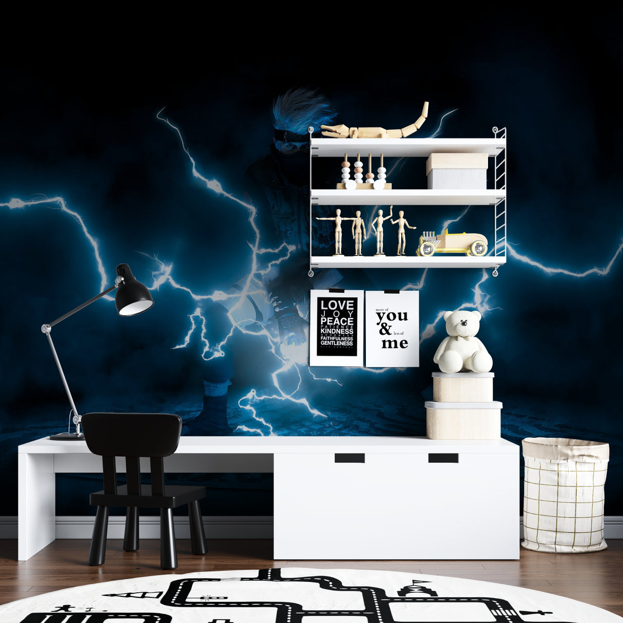 Neon lightning mural transforming modern entertainment room with electric blue patterns