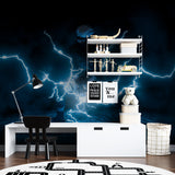 Neon lightning mural transforming modern entertainment room with electric blue patterns