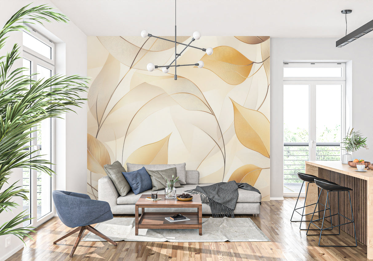 Golden leaf wallpaper creating a warm, inviting atmosphere in a modern living room with natural light