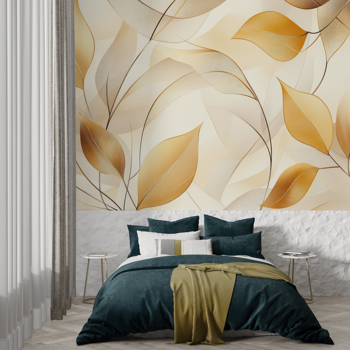 Abstract gold leaf pattern wallpaper in a cozy master bedroom setting