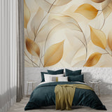 Abstract gold leaf pattern wallpaper in a cozy master bedroom setting