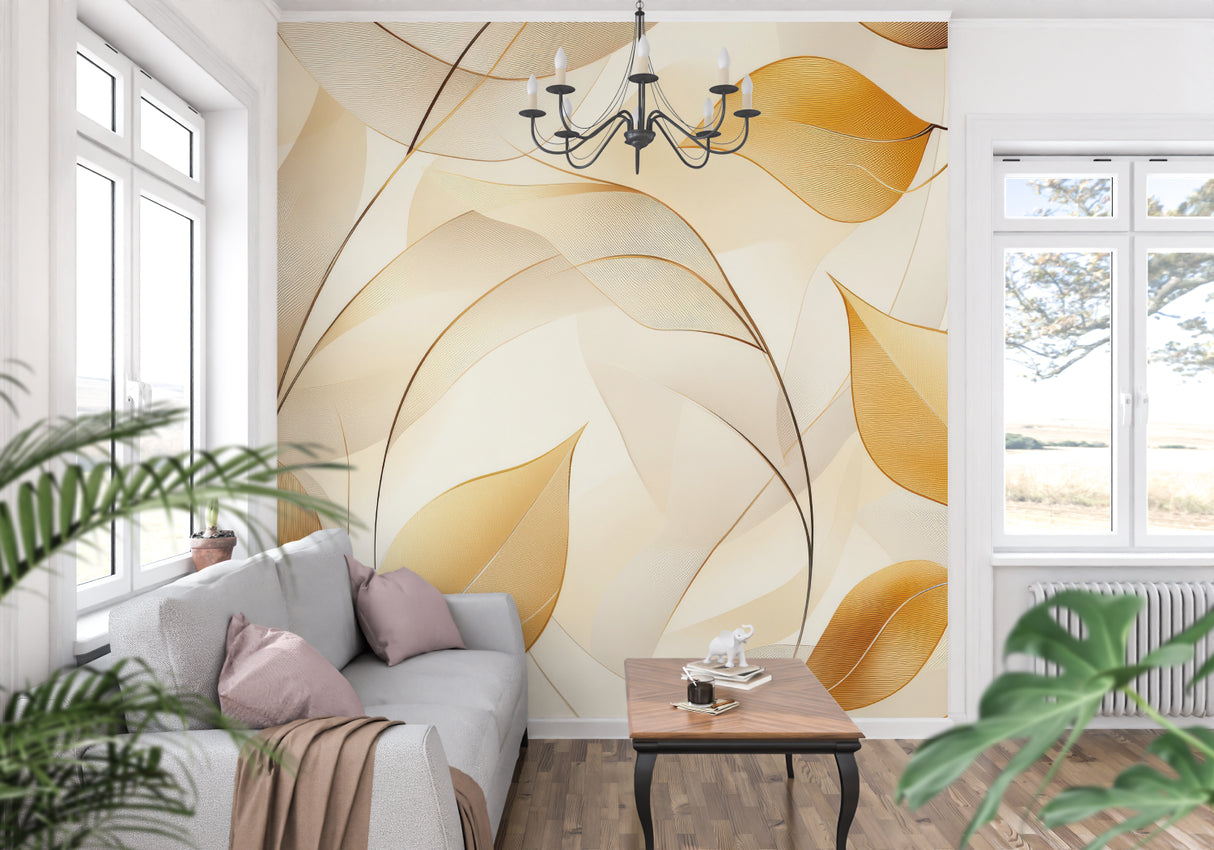 Elegant golden leaf wallpaper adding sophistication to a dining room space