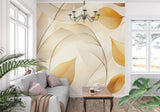 Elegant golden leaf wallpaper adding sophistication to a dining room space