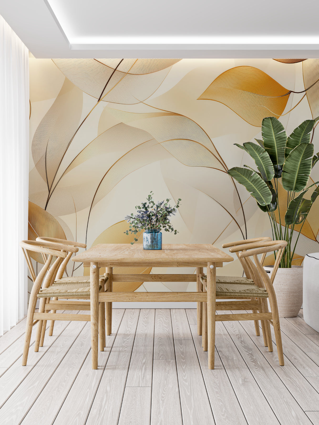 Nature-inspired gold leaf wallpaper brightening up a home office area