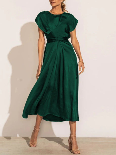 Satin Midi Dress  Elegant Layered Sleeve Design - Product showcase