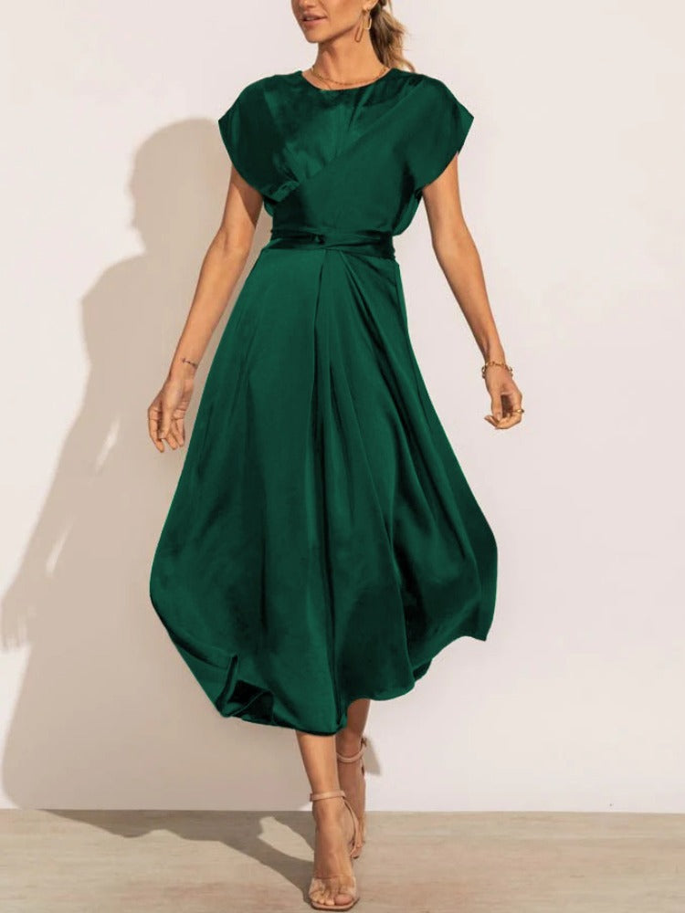 Satin Midi Dress  Elegant Layered Sleeve Design - Detailed view