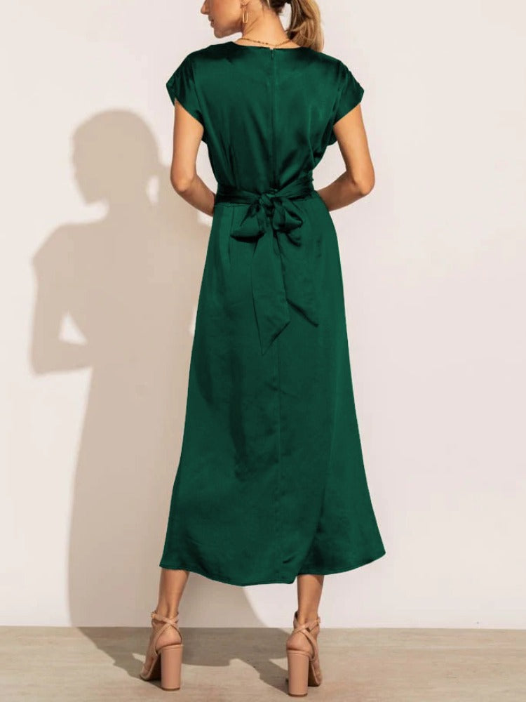 Satin Midi Dress  Elegant Layered Sleeve Design - Product example