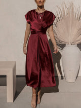 Satin Midi Dress  Elegant Layered Sleeve Design - Product detail 13