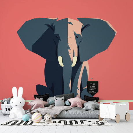 Modern geometric elephant wallpaper in a bright nursery, showing pink and blue tones creating a fresh, artistic atmosphere