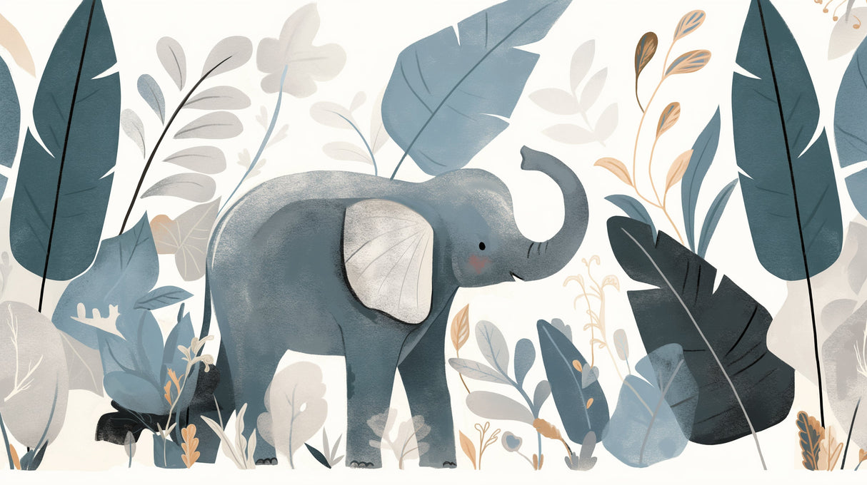 Elephant nursery wallpaper creating a cozy atmosphere in a modern nursery with white furniture and natural decor