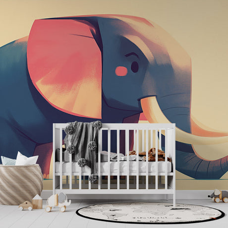 Modern elephant wallpaper in navy and coral showcased in a bright nursery with natural light and minimalist furniture