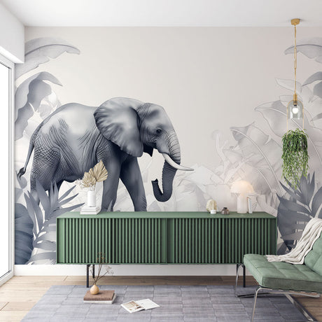 Monochrome Elephant Wall Mural creating a peaceful atmosphere in a modern living room with minimal furniture