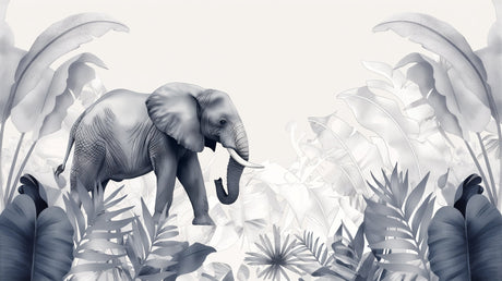 Elephant Wall Mural design file showing detailed black and white tropical pattern with majestic elephant