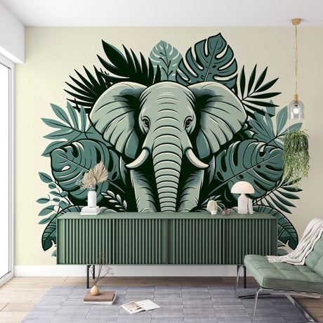 Elephant and monstera leaf wallpaper creating a peaceful atmosphere in a modern living room with natural light