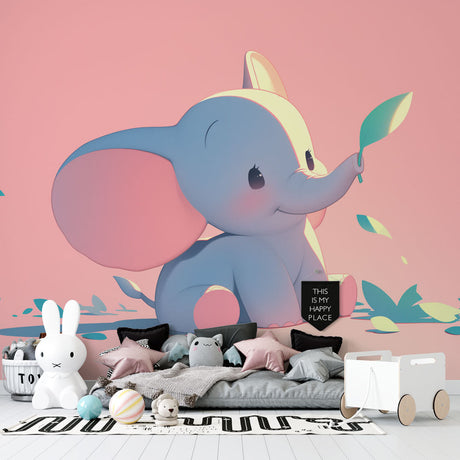 Elephant nursery wallpaper displayed in a modern baby room with white furniture and soft pink accents