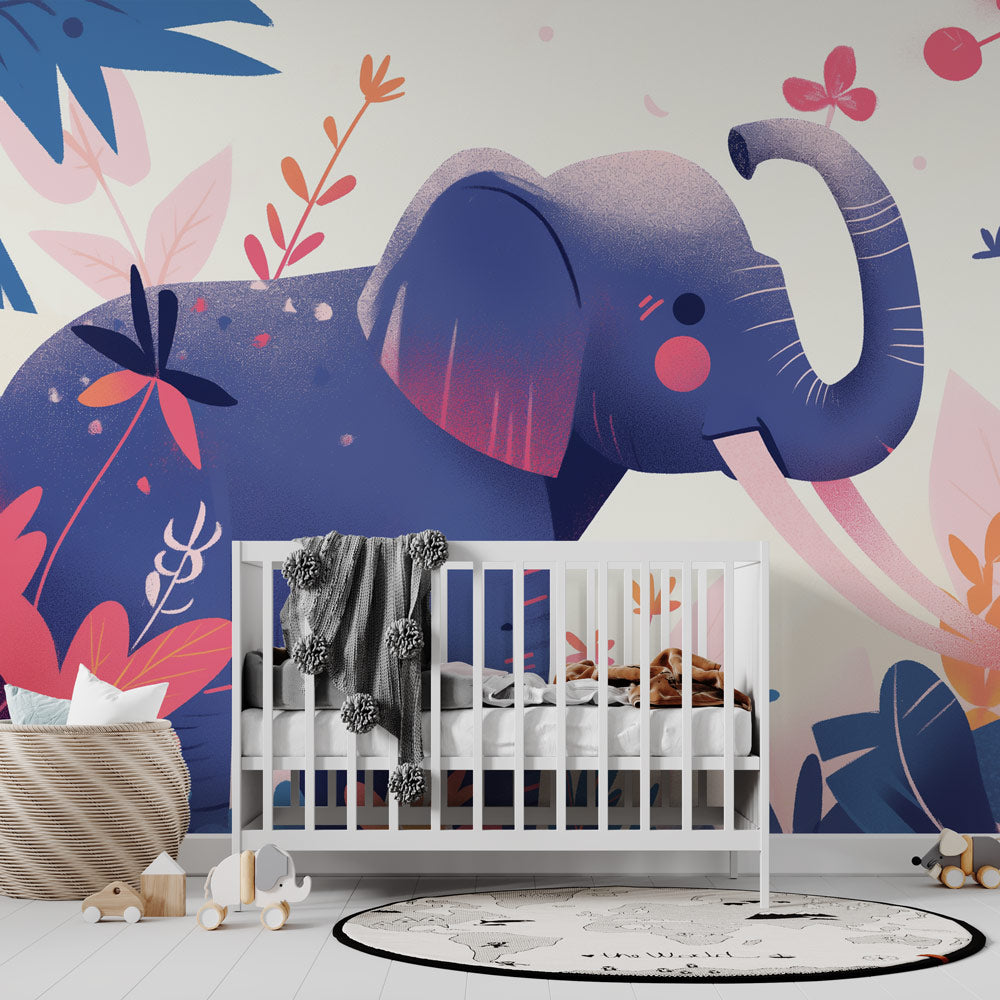 Elephant wallpaper mural in bright nursery with pink and white furniture, showing scale and tropical theme