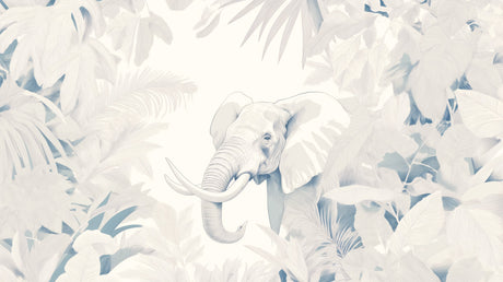 White Elephant Tropical Wallpaper creating a peaceful sanctuary in a modern living room with white furniture and natural light