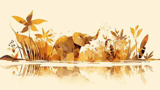 Golden elephant wallpaper mural in modern living room, showing scale and warm ambient lighting