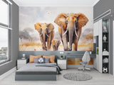 Elephant wallpaper mural in modern living room showing soft watercolor details and warm golden tones