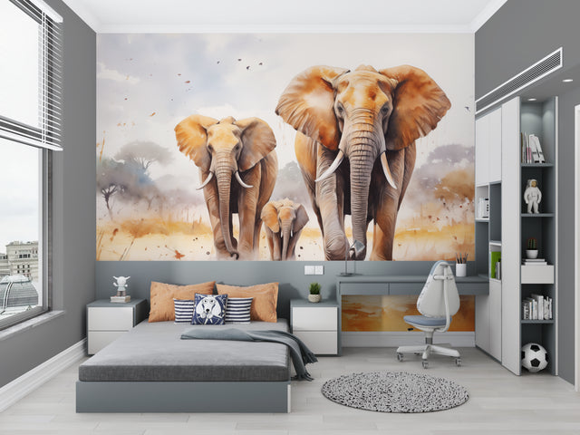 Elephant wallpaper mural in modern living room showing soft watercolor details and warm golden tones