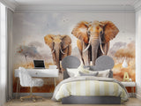 Safari elephant wall mural creating calm atmosphere in master bedroom setting