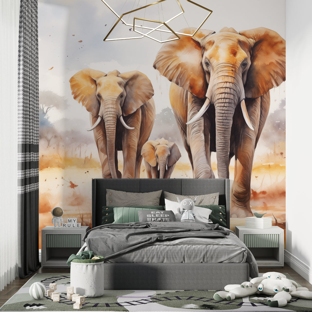 Watercolor elephant family mural installed in nursery with natural lighting