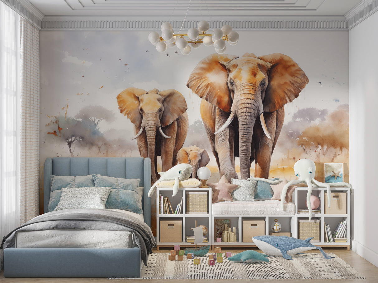 Elephant family mural wallpaper showcased in children's playroom
