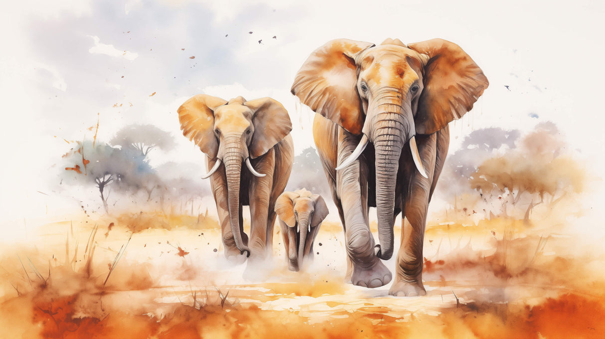 Design file of watercolor elephant family walking through golden savanna