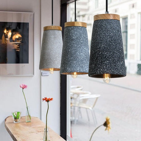 Modern Cement Pendant Light  Wood Accent Conical Design - Product example