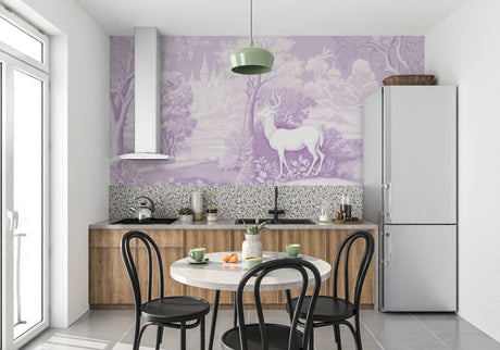 Purple castle forest wallpaper in cozy nursery with white furniture showing magical atmosphere