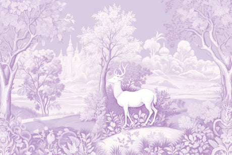 Design file of enchanted forest wallpaper with purple castle and white deer in misty scene