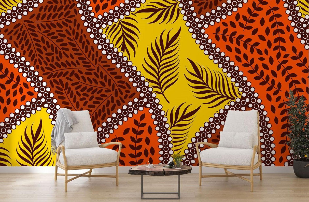 Tropical Mural Wallpaper | Geometric Leaf Pattern in Orange and Yellow