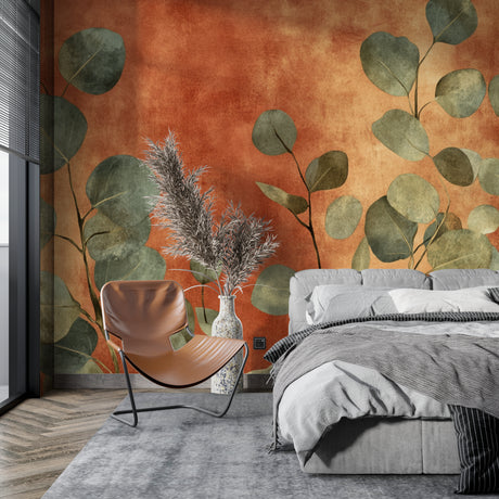 Eucalyptus wall mural in modern living room with natural light showing terracotta and sage green tones
