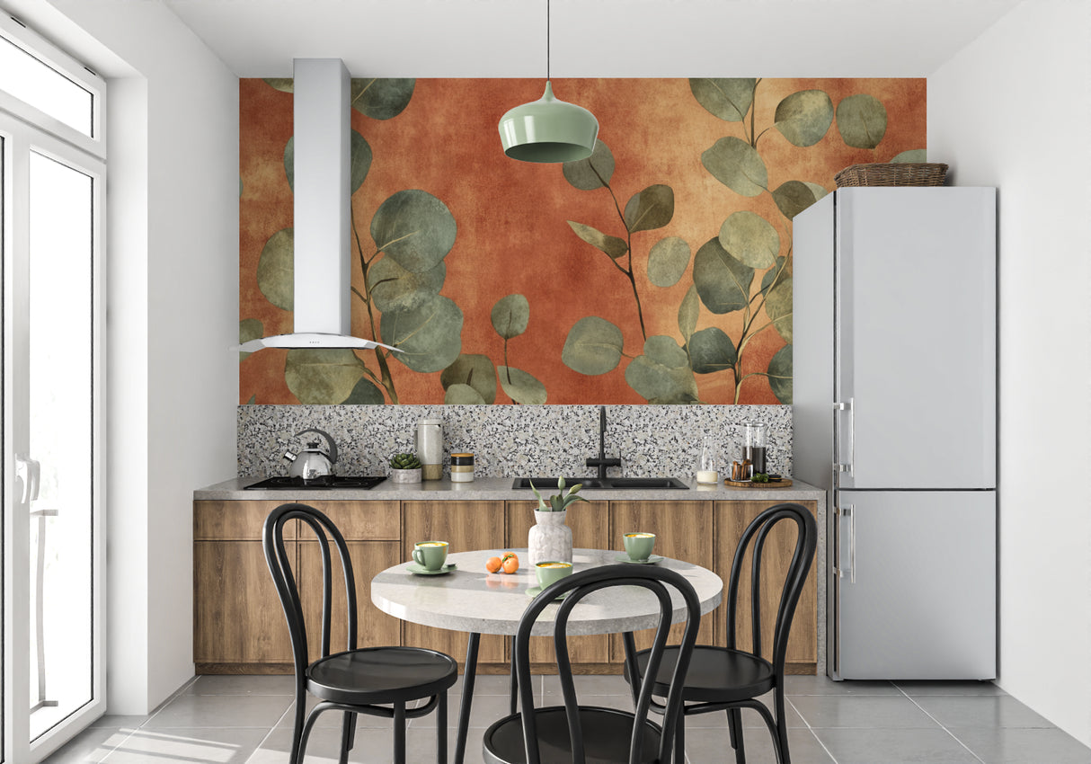Terracotta eucalyptus mural in home office creating calm workspace