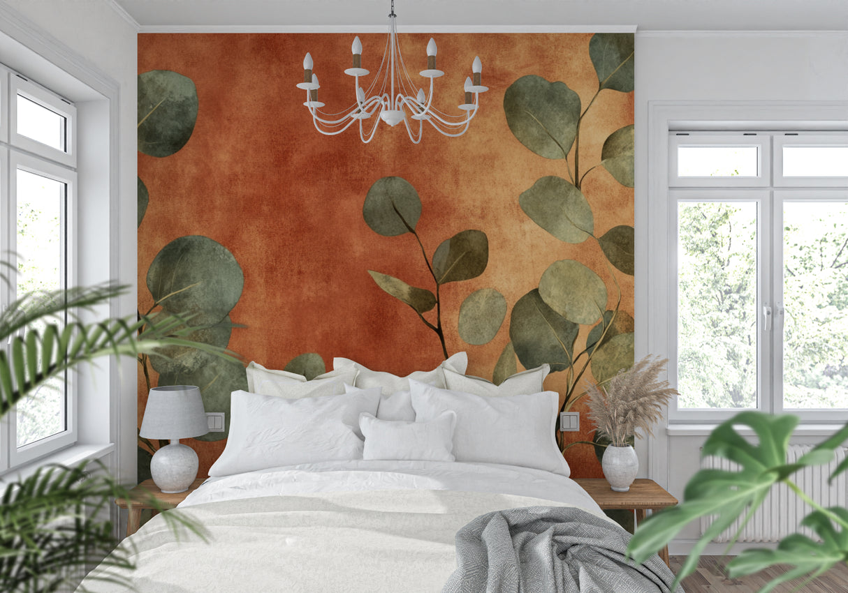 Eucalyptus leaf pattern on dining room accent wall with warm lighting