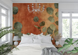 Eucalyptus leaf pattern on dining room accent wall with warm lighting