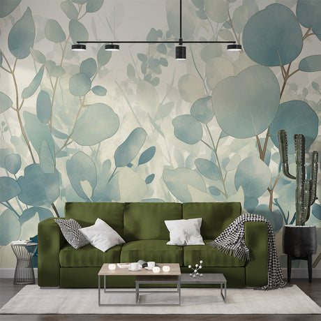 Eucalyptus leaf wallpaper in bright modern living room showcasing watercolor botanical design